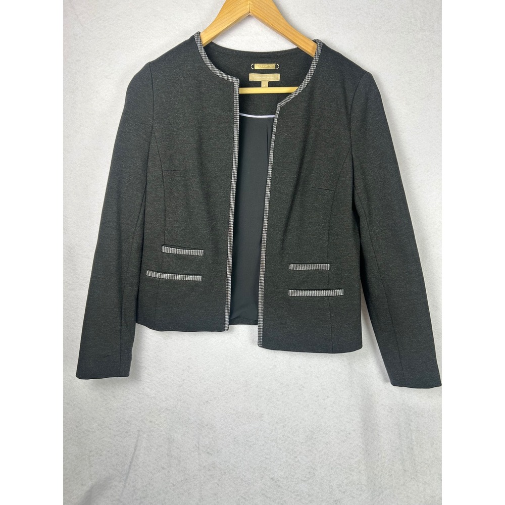 Talbots Knit Blazer Women 4 Gray Italian Fabric Houndstooth Trim Open Front
